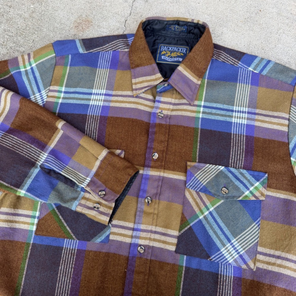 BACKPACKER | Mens Plaid Flannel Button Down Shirt Large Brown Purple Vintage